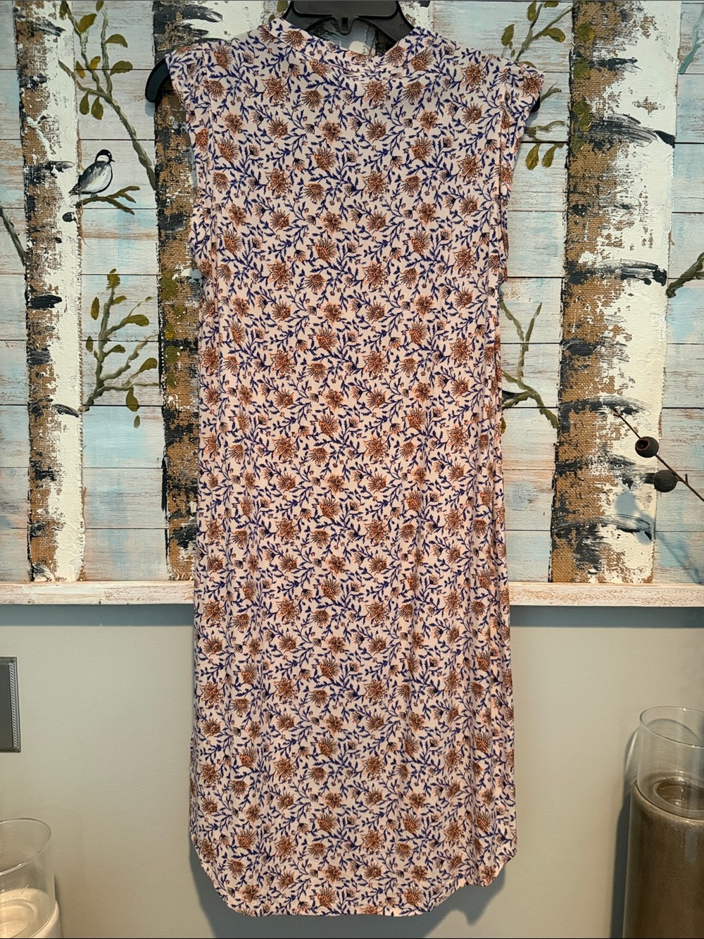 H&M Sleeveless Floral Midi Dress in Cream, Blue and Tan - Picture 3 of 5